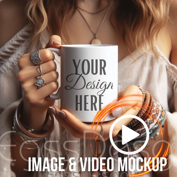 Boho Style 11oz Coffee Mug Mockup - Retro Aesthetic Design, retro mug mockup, Mug Mockup and Mug Video Mockup