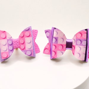 Building Block Hair Bow / Pink and Purple Hair Clip / Building Block Baby Bow / Faux Leather Hair Bow