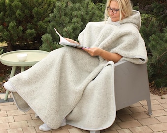 Woolen Hooded Poncho Wool Cape Home Throw Warm Wool Blanket with Hood WOOLMARK