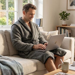May include: A charcoal gray textured fleece bathrobe featuring a black trim along the shawl collar and front opening. The robe has long sleeves and a tie waist closure, providing a soft and cozy appearance for lounging while using a silver laptop.