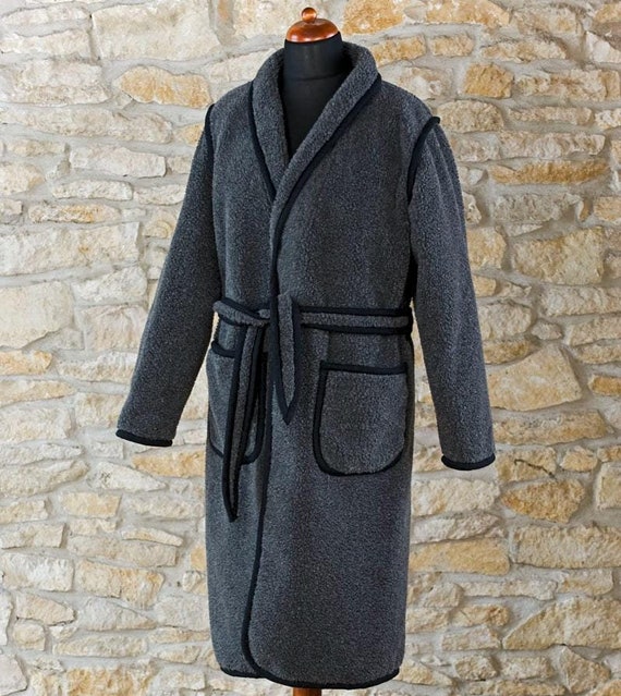 Peignoir Homme Laine Mérinos 100% - Chaud, Doux, Ceinture, Poches - Longueur Genoux - Pour Maison, Séjour