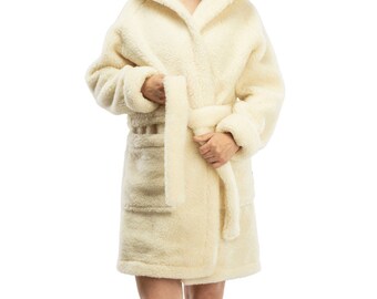 ladies short hooded dressing gown Womens Fuzzy Short Robe Hooded,Hood Soft Warm Spa Bathrobe,Short Plush Robe for Women with Pockets (Beige,S) at Amazon Women's Clothing store