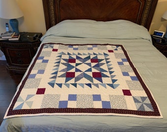New Handmade Tied Queen Denim Jean Burgundy Maroon COTTON Back Quilt Blanket