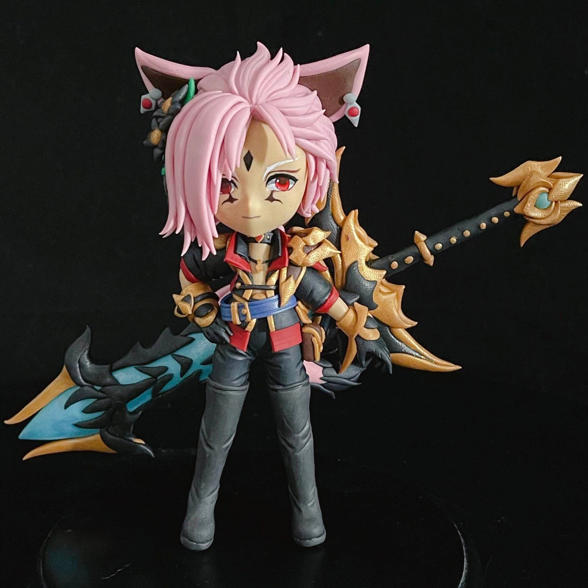 Sculp from provide image, Chibi version complex figure with weapon. Unique Chrismas gift for ACG fans.