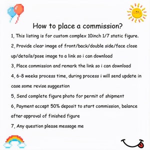 May include: A text-based guide on how to place a commission for a custom 10-inch 1/7 scale static figure. The guide includes seven steps, such as providing clear images and a link to download the reference image, and accepting a 50% deposit to start the commission.