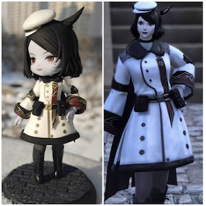 K&ouml;nnte beinhalten: Eine wei&szlig;e und schwarze Figur eines Charakters, der einen wei&szlig;en Mantel mit goldenen Akzenten, einen schwarzen G&uuml;rtel und einen wei&szlig;en Hut mit schwarzem Band tr&auml;gt. Der Charakter hat schwarze Haare und rote Augen.