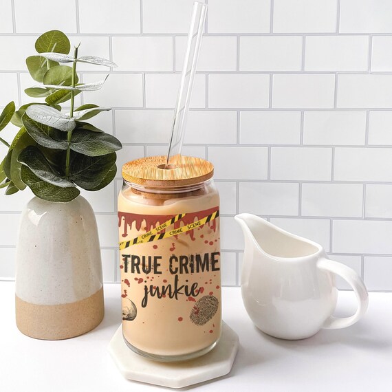True crime junkie cup, 16oz glass tumbler with bamboo lid, Sublimation Halloween glass can, True crime gifts, Iced coffee and true crime