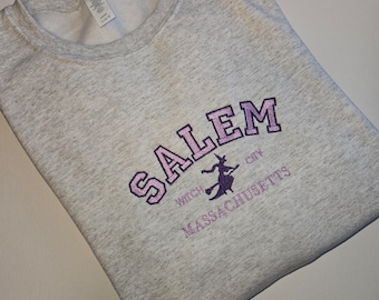 Trendy unisex embroidered Halloween sweatshirt, witchy sweater, spooky season, witch embroidery, Embroidered gifts, Witch broom