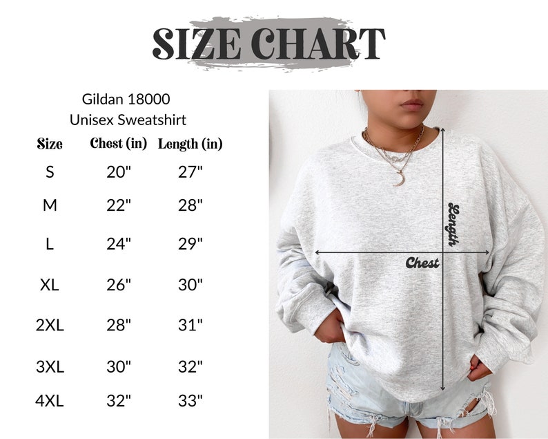 Może przedstawiać: Tabela rozmiar&oacute;w dla unisexowej bluzy Gildan 18000. Tabela pokazuje wymiary klatki piersiowej i długości w calach dla rozmiar&oacute;w od S do 4XL.