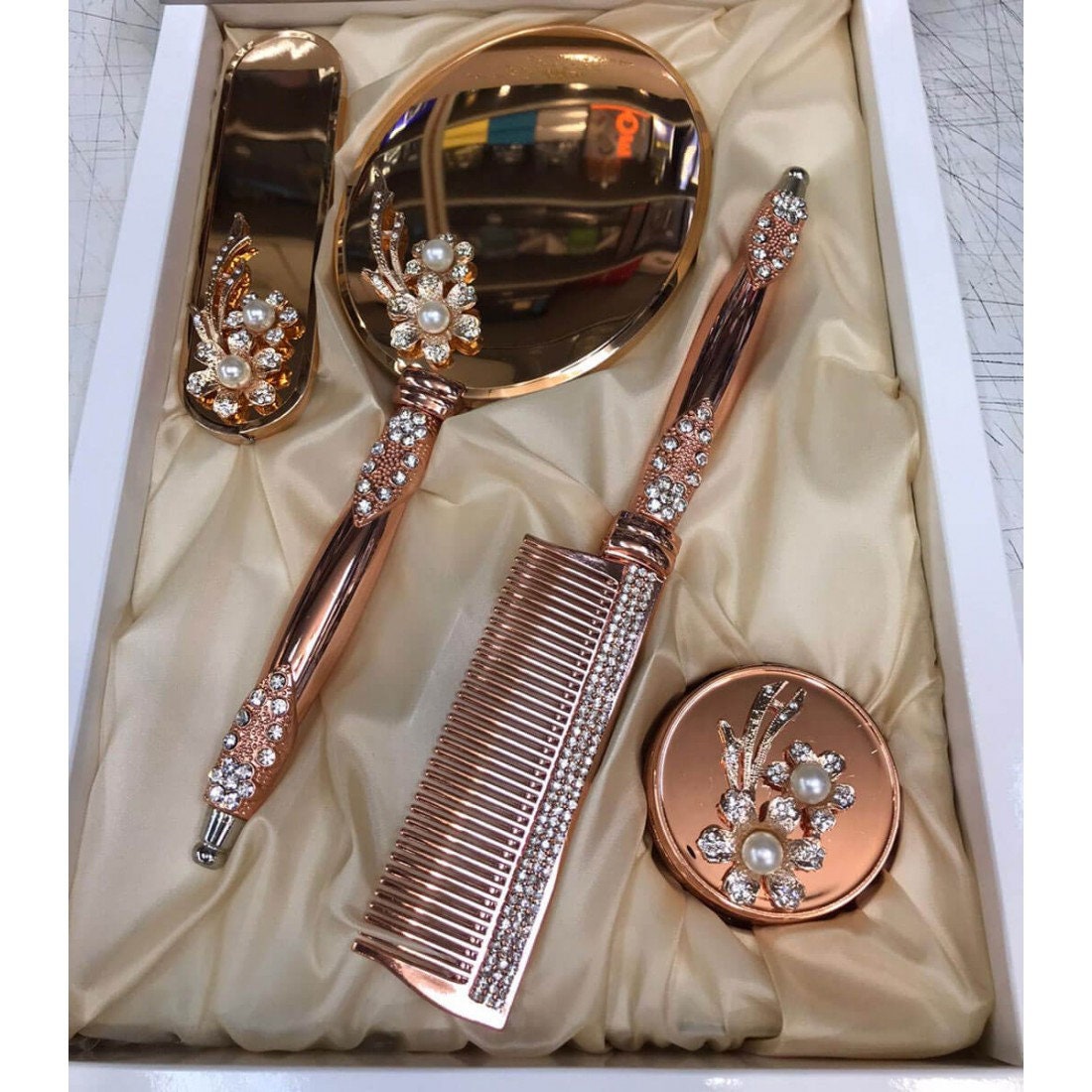 Mirror and brush setmakeup set silver makeup set 4piece Etsy