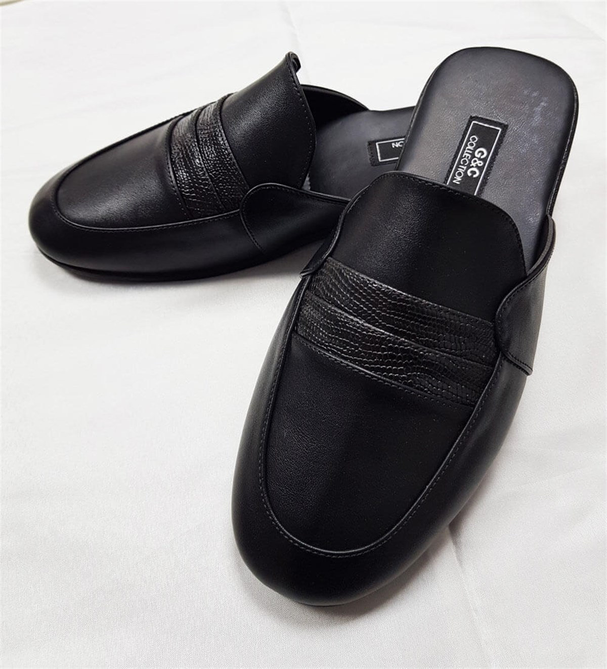 Black Leather Slippers House Slippers 
