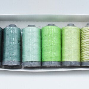 May include: A collection of six thread spools in a white box. The colours vary from dark green to light green, with one spool displaying a striped design. The spools have grey bases and are encased in clear plastic.
