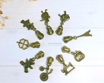 Antique Bronze Novelty Zipper Pulls – #5 Zipper Charms, Assorted Bag Hardware, Vintage-Style Sewing Accessories
