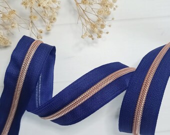 Nylon #5 zipper Indigo with rose gold teeth