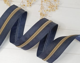 Nylon #5 zipper navy with antique brass teeth