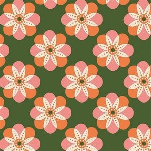 May include: A repeating pattern of stylized flowers in shades of orange and pink, set against a dark green background. Each flower has six petals and a cream-coloured centre with dotted details. The design is reminiscent of vintage floral patterns.
