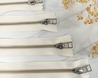 Cream-Colored YKK Zippers with silver teeth #5 and #3 - Available in various lengths