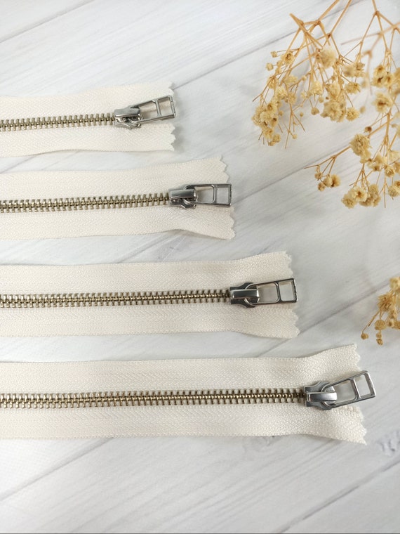 Cream-Colored YKK Zippers with silver teeth #5 and #3 - Available in various lengths