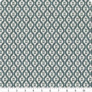 May include: Teal and off-white fabric with a repeating geometric pattern. The design features diamond shapes with a textured, ikat-style appearance. The pattern is evenly spaced across the fabric, creating a visually balanced and appealing textile.