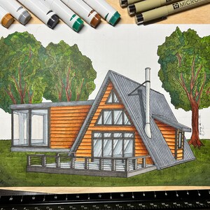 May include: A hand-drawn illustration of a modern A-frame house with a large window, a wooden deck, and a chimney. The house is surrounded by green trees and grass.