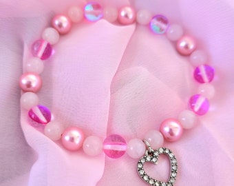 Pink Gemstone Barbie Bracelet with Bling Heart Charm