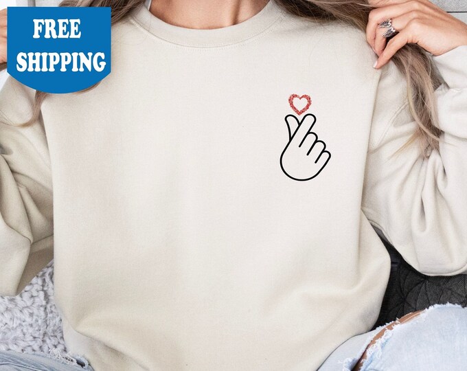 Korean Finger Love Symbol Sweatshirt Finger Heart Tee For Him and For Her Korean Finger Heart Sweatshirt Korean Love Korean Sweatshirt