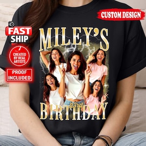 May include: Black t-shirt with a custom design featuring the text "MILEY'S 23rd BIRTHDAY" in gold lettering. The design includes multiple images of a woman making various hand gestures. The words "CUSTOM DESIGN", "FAST SHIP", "CREATED BY REAL ARTISTS", and "PROOF INCLUDED" are also visible.