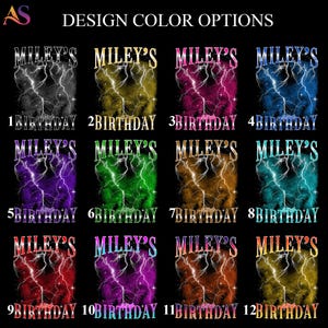 Puede incluir: Un gr&aacute;fico de opciones de color de dise&ntilde;o con el texto "MILEY'S" y "BIRTHDAY" en varios colores. El dise&ntilde;o incluye un patr&oacute;n de rayos. La imagen muestra 12 opciones de color, cada una numerada.