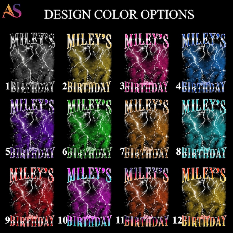 Puede incluir: Un gr&aacute;fico de opciones de color de dise&ntilde;o con el texto "MILEY'S" y "BIRTHDAY" en varios colores. El dise&ntilde;o incluye un patr&oacute;n de rayos. La imagen muestra 12 opciones de color, cada una numerada.
