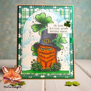 Op de afbeelding: Een St. Patrick's Day-kaart met een oranje kat met een zwarte hoed en klavers. De kaart heeft een groen-witte geruite rand en de tekst "Oh look, it's that green holiday again."