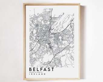 Belfast City Map Print 1, Belfast Map Poster, Dublin Map Wall Art, Belfast Map Print, Belfast Street Map, Map Of Belfast, Belfast Map