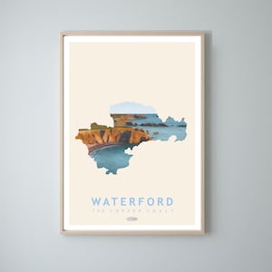 Waterford Map Travel Poster, Copper Coast scenery, Gaeilge art, Irish Landscape Prints, Irish Poster, Prints, Poster, Wall Art