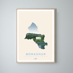 Affiche de voyage carte de Monaghan, impressions de paysages irlandais, art gaeilge, affiche irlandaise, impressions, affiche, art mural