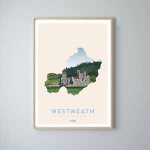 Affiche de voyage avec carte de Westmeath, impressions de paysages irlandais de l'abbaye de Fore, art Gaeilge, affiche irlandaise, impressions, affiche, art mural
