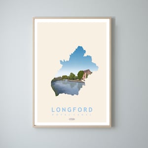 Longford Karte Reiseplakat, irische Landschaftsdrucke, Gaeilge Kunst, irisches Plakat, Drucke, Plakat, Wandkunst