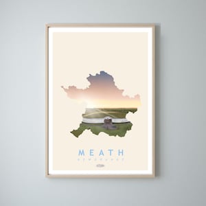 Meath Karte Reiseplakat, Newgrange Irish Landschaft Drucke, Gaeilge Kunst, irisches Plakat, Drucke, Plakat, Wandkunst