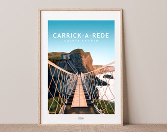 Carrick-a-Rede Rope Bridge Art Print, Antrim 3 Travel Poster, Irish Landscape Prints, Irish Poster, Prints, Poster, Wall Art