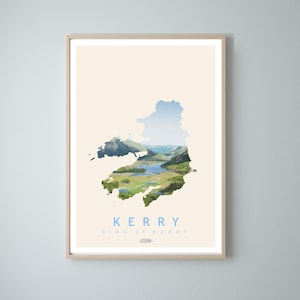 Póster de viaje con mapa de Kerry, impresiones de paisajes irlandeses del condado de Kerry, arte gaélico, póster irlandés, impresiones, póster, arte de pared