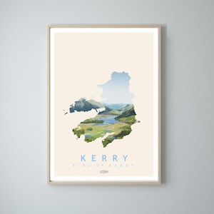 Kerry Map Travel Poster, County Kerry Irish Landscape Prints, Gaeilge art, Irish Poster, Prints, Poster, Wall Art,