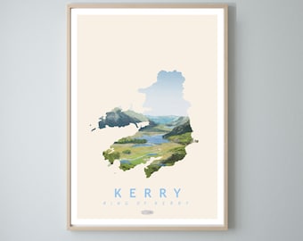 Kerry Map Travel Poster, County Kerry Irish Landscape Prints, Gaeilge art, Irish Poster, Prints, Poster, Wall Art,
