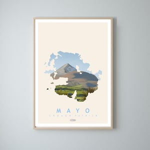 Mayo Karte Reiseplakat, Croagh Patrick County Mayo irische Landschaft Drucke, Gaeilge Kunst, irisches Plakat, Drucke, Plakat, Wandkunst