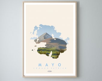 Mayo Map Travel Poster, Croagh Patrick County Mayo Irish Landscape Prints, Gaeilge art, Irish Poster, Prints, Poster, Wall Art