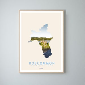 Affiche de voyage sur la carte de Roscommon, Castle Island, impressions de paysages irlandais, art de Gaeilge, affiche irlandaise, impressions, affiche, art mural