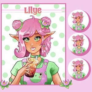 May include: A cartoon illustration of a pink-haired elf girl with green eyes, wearing a pink and green frog-themed outfit, holding a cup of boba tea. The image has the text "Lilye" at the top.