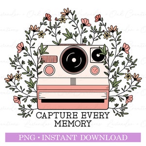 May include: A pink and white vintage-style instant camera with a floral wreath around it. The text "CAPTURE EVERY MEMORY" is below the camera.