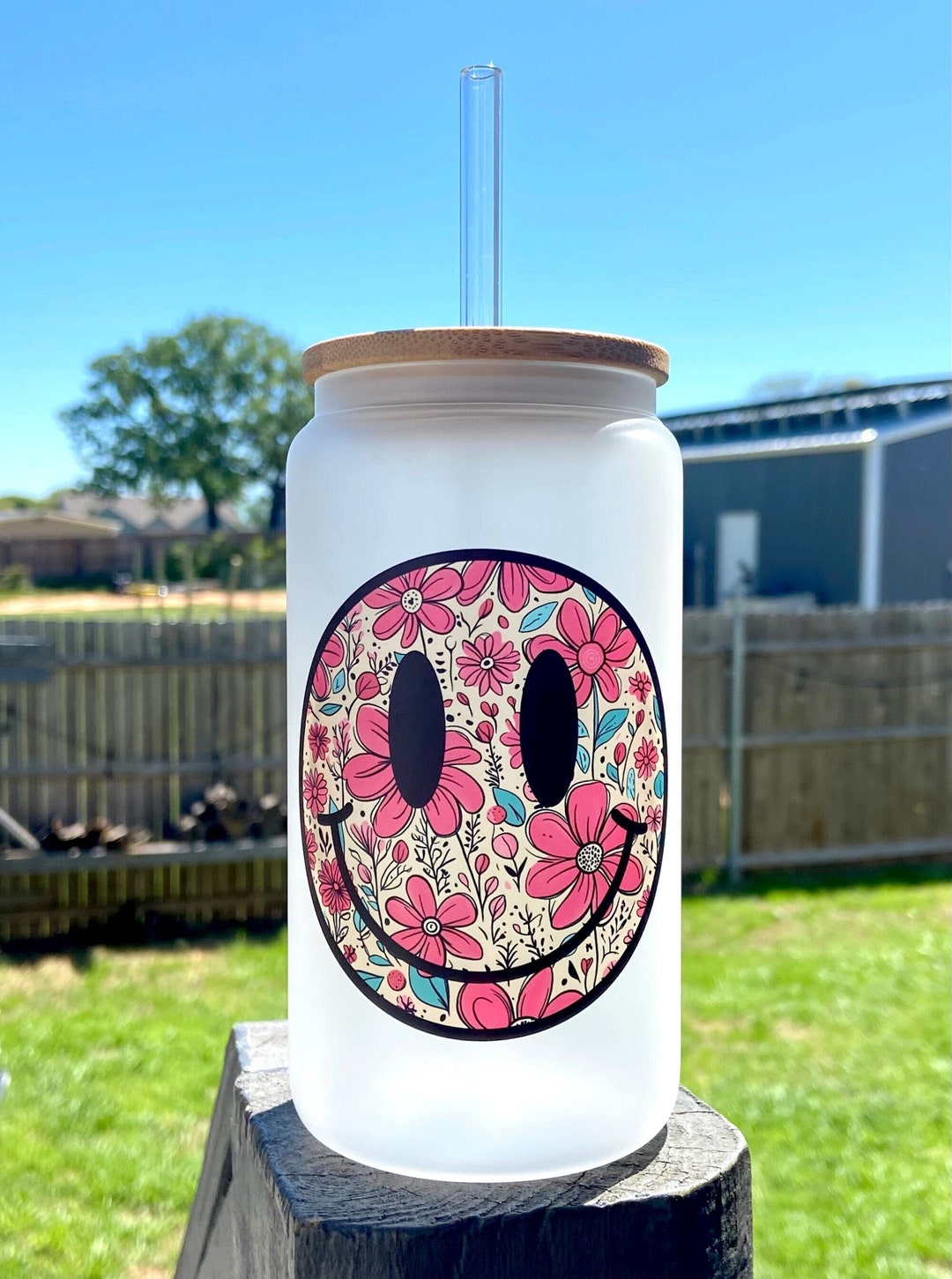 Flower Smiley Face Tumbler | Spring | Summer | Frosted 16oz Glass Can ...