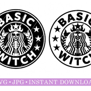 Könnte beinhalten: Schwarzweißes Grafikdesign einer Skeletthexe mit Krone und langen Haaren, in einem Kreis mit dem Text "BASIC WITCH" drumherum.