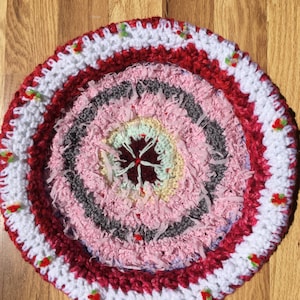 Handmade Crochet Pet Bed Fiber Art in Rose Red multi / basket liner / home decor / housewarming gift