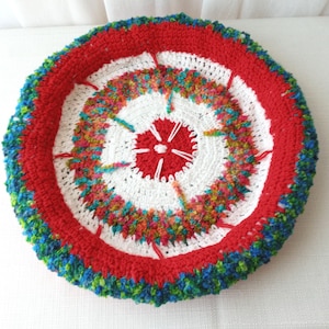 Handmade Crochet Pet Bed Fiber Art in Red White Green multi #2 / basket liner / home decor / housewarming gift