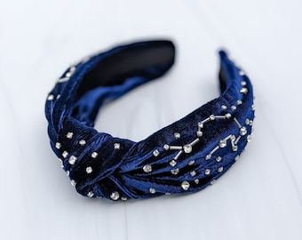 NIGHT SKY Knot Velvet Headband Crystal Bugle Beads Handmade Knotted Turban Constellation Zodiac Signs Celestial Spiritual Gift for Her